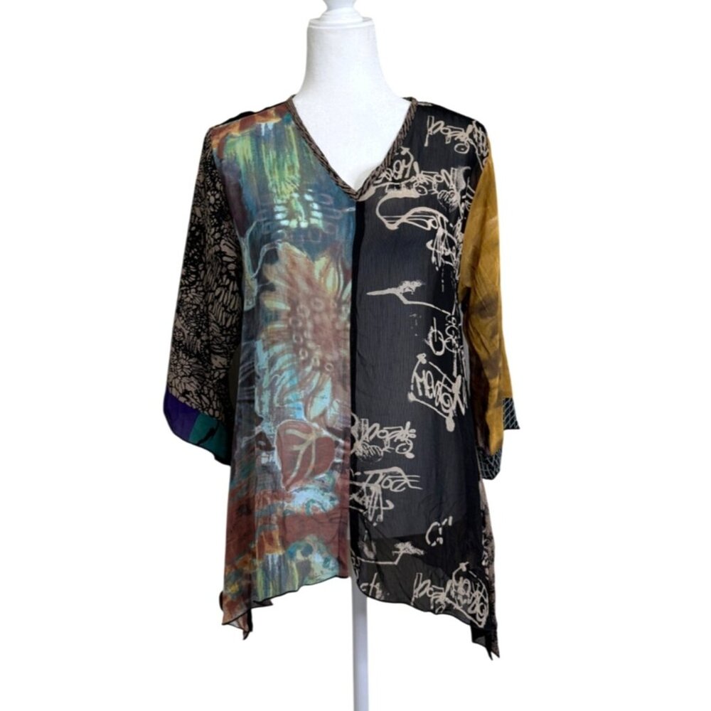 Carol Turner Womens Tunic Asymmetrical Mixed Print V-Neck Top Boho Art Size M